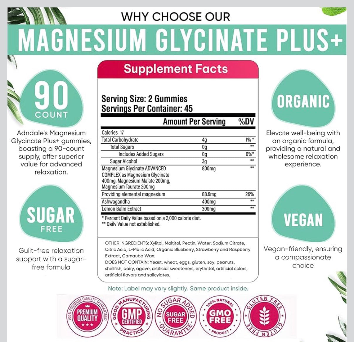 Adndale 180 CT Magnesium Glycinate Gummies 400 mg/Serv with Ashwagandha, Magnesium Malate & Taurate, Sugar Free Chews for Adults & Kids