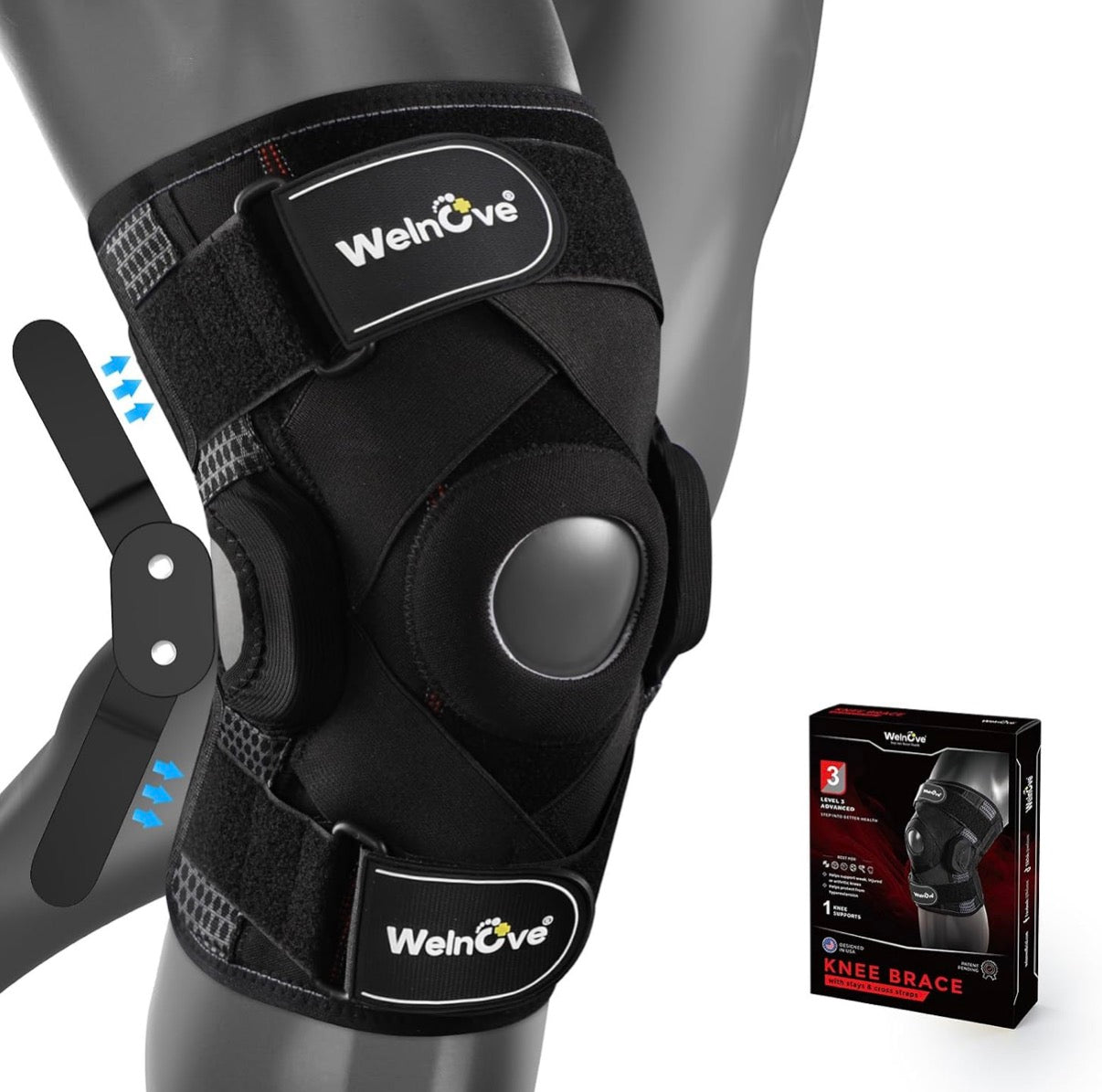 Welnove Knee Brace Support & Compression. Knee Sleeve Cross Straps for Knee Stability, Removable Metal Hinges for Running, Workout, Meniscus Tear, ACL, MCL, Arthritis - Men and Women(Small)