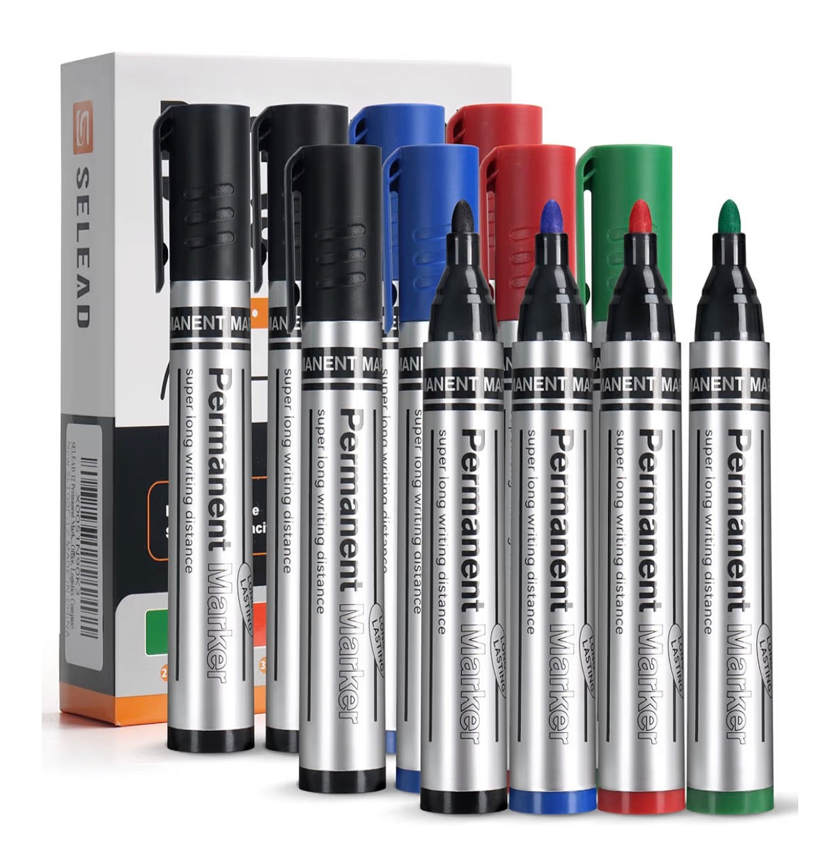 SELEAD Industrial Permanent Markers Black Red Blue Green - 12 Pack Large Fine Tip Waterproof Quick Drying Pens Set for Home Office Warehouse School Supplies