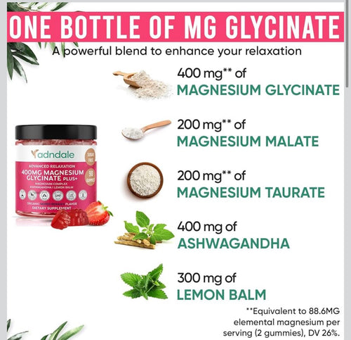 Adndale 180 CT Magnesium Glycinate Gummies 400 mg/Serv with Ashwagandha, Magnesium Malate & Taurate, Sugar Free Chews for Adults & Kids