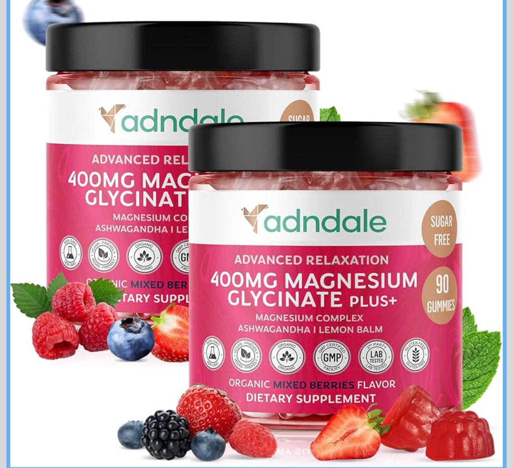 Adndale 180 CT Magnesium Glycinate Gummies 400 mg/Serv with Ashwagandha, Magnesium Malate & Taurate, Sugar Free Chews for Adults & Kids