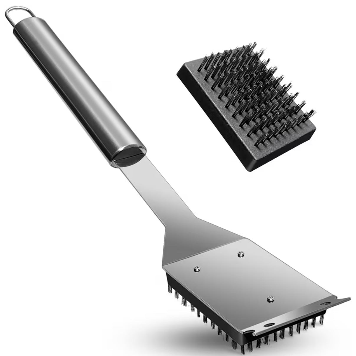 BBQ Grill Brush and Scraper, Heavy Duty Grill Cleaner with Stainless Steel Handle, Replacement Brush Head Included, Grill Cleaning Brush for Gas, Charcoal & Smoker Grill Grates （15 inch）