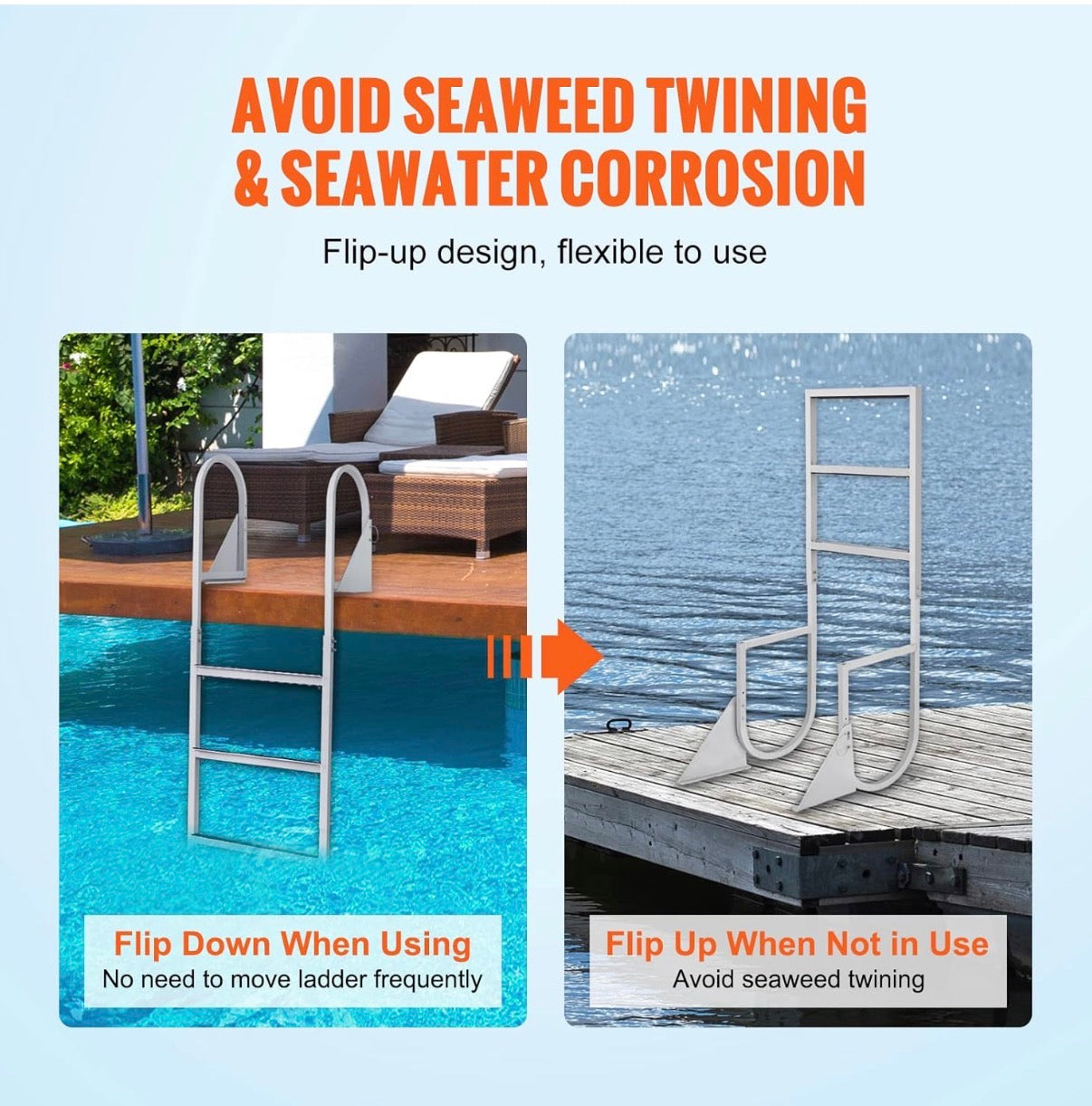 VEVOR Dock Ladder Flip-Up 3 Steps, 350 Ibs Load Capacity,