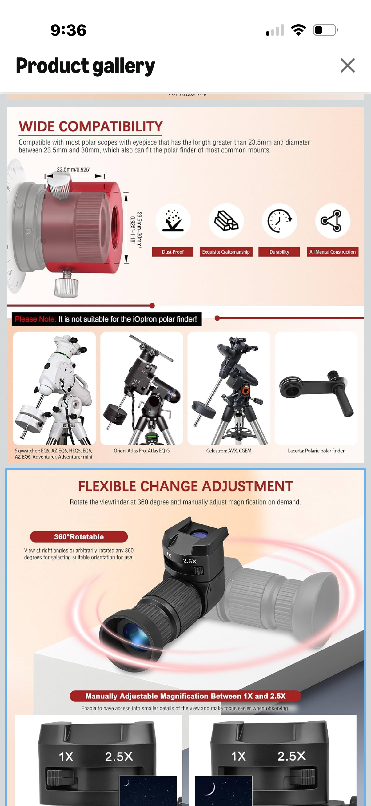 Right Angle Viewfinder with Polar Scope Metal Adapter - 360°Rotating with 1X - 2.5X Magnification