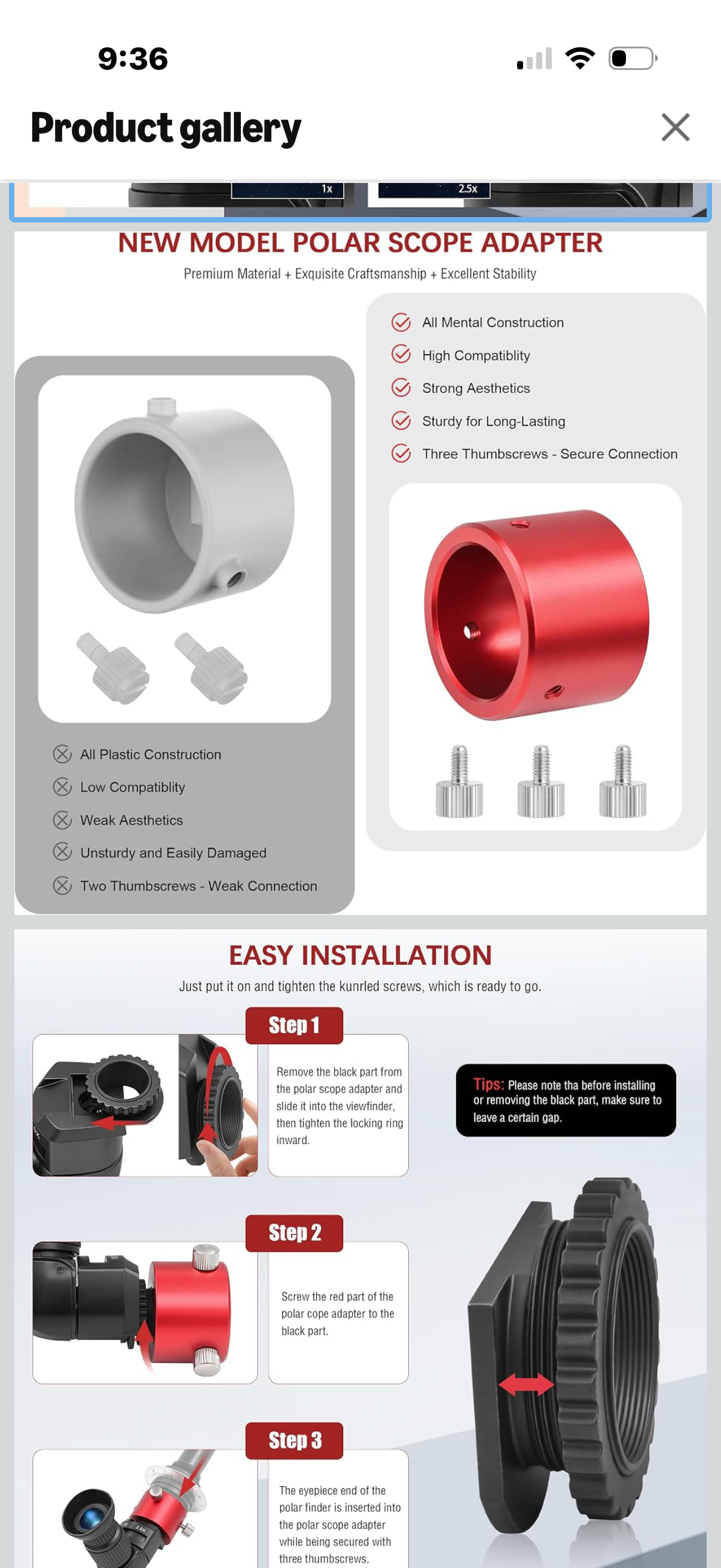 Right Angle Viewfinder with Polar Scope Metal Adapter - 360°Rotating with 1X - 2.5X Magnification