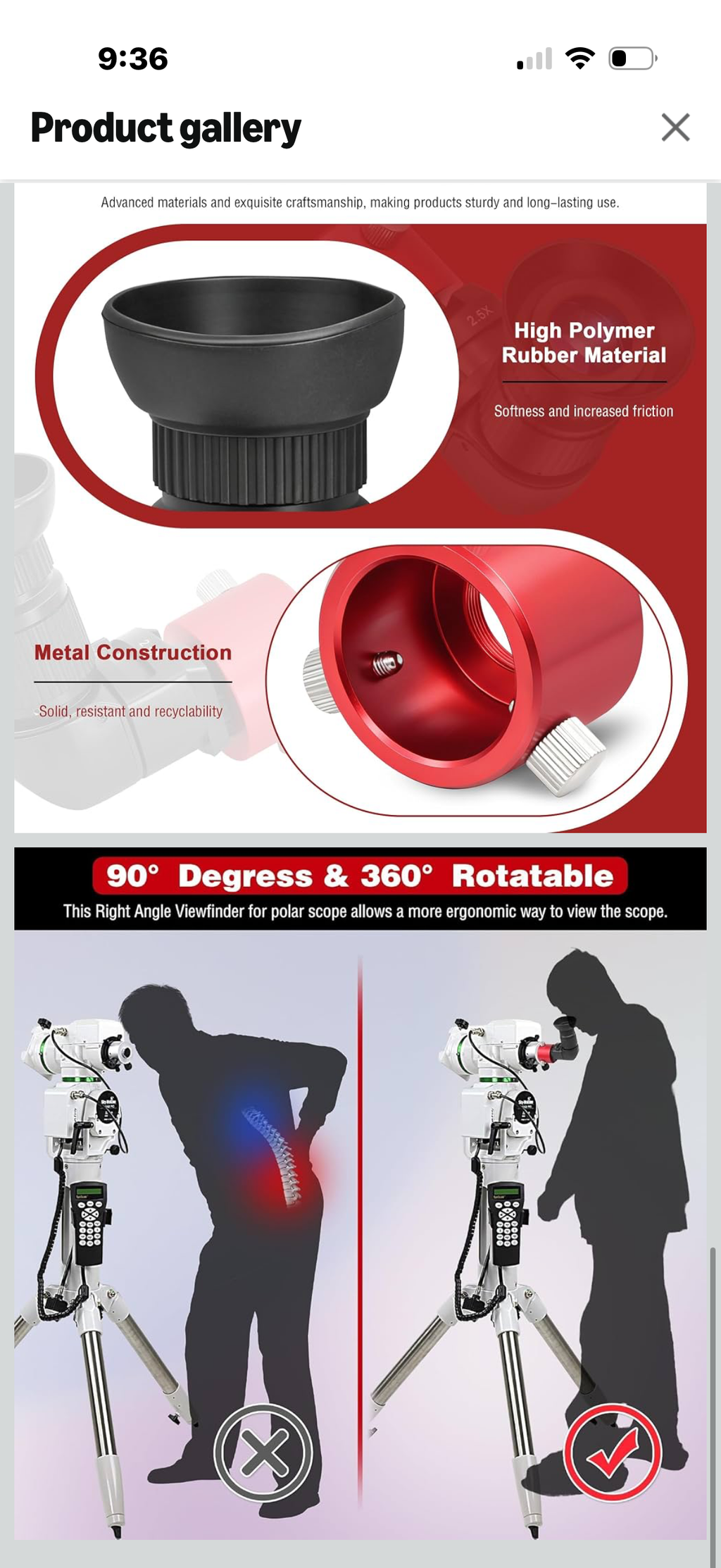 Right Angle Viewfinder with Polar Scope Metal Adapter - 360°Rotating with 1X - 2.5X Magnification